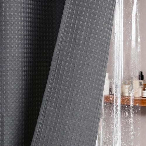 Dynamene Stall Shower Curtain and Liner Set - 36 x 72 inch Half Waffle Fabric, Narrow Waterproof Clear Liner, Heavy Duty Weighted Hotel Luxury Shower Curtains for Bathroom with 6 Hooks, Charcoal Grey