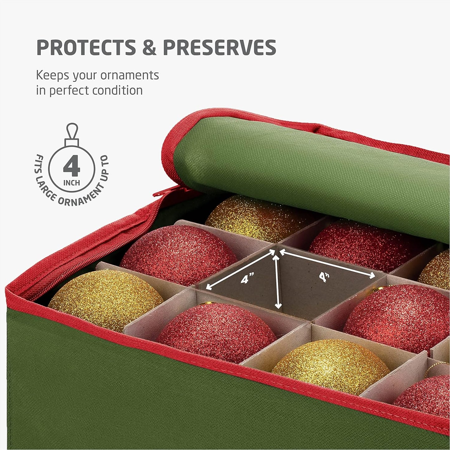 ZOBER Large Christmas Ornament Storage Box - Organize 54 4" Ornaments with Dividers - Durable Green Container