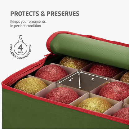 ZOBER Large Christmas Ornament Storage Box - Organize 54 4" Ornaments with Dividers - Durable Green Container