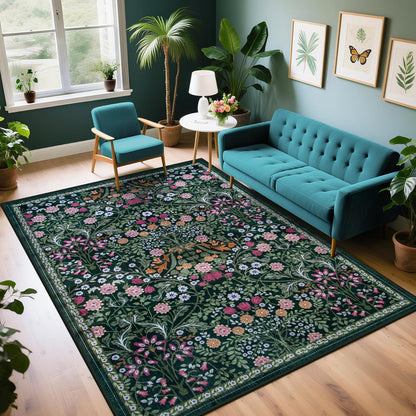 Skiennix 6x9 Area Rug - Vintage Floral Design | Washable, Soft, Non-Slip, Stain Resistant - Dark Green