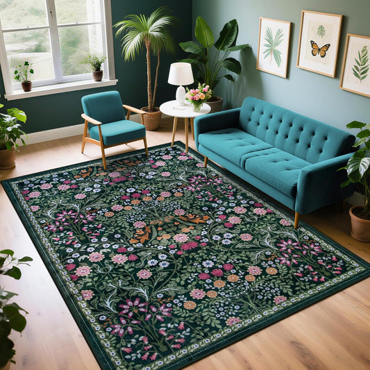 Skiennix 6x9 Area Rug - Vintage Floral Design | Washable, Soft, Non-Slip, Stain Resistant - Dark Green