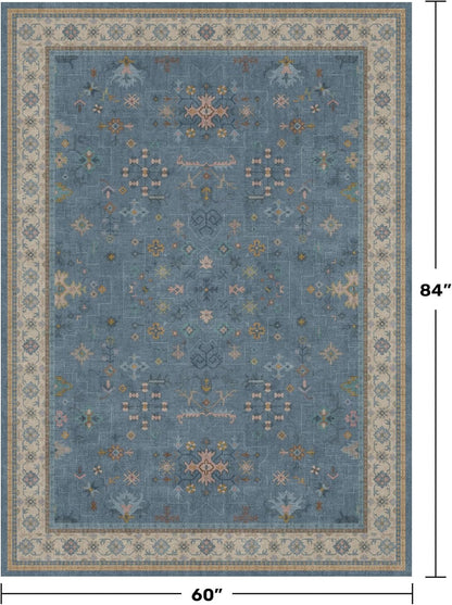 Skiennix Washable 5x7 Blue Rug - Colorful Low-Pile Carpet for Kids Room & Nursery | Non-Slip Design