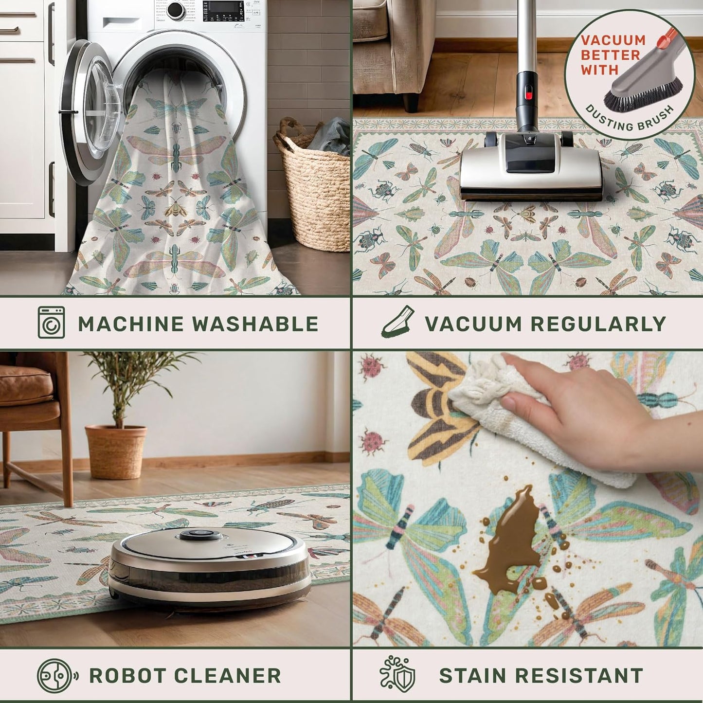 Skiennix Insect Print Hallway Runner Rug - 2'6" x 8' Light Green, Washable Non-Slip Design