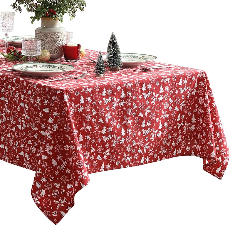 Red 52 x 70 Inch Cotton Blend Tablecloth with Bell & Snowflake Pattern - Holiday Decor