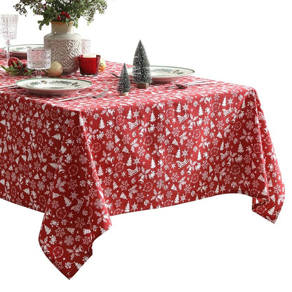 Red 52 x 70 Inch Cotton Blend Tablecloth with Bell & Snowflake Pattern - Holiday Decor