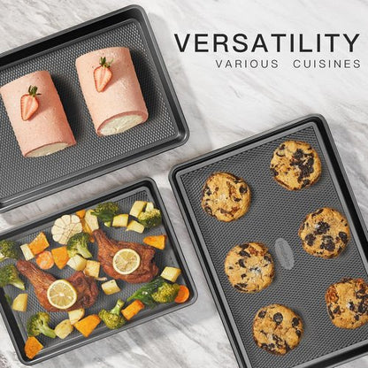 HONGBAKE Nonstick Cookie Sheets - Set of 3 Baking Pans with Diamond Texture, Dark Grey, 57% Thicker Carbon Steel