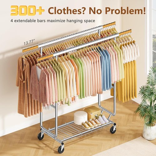 Hoctieon Heavy-Duty Double Rod Clothes Rack - 2-Minute Assembly, Adjustable Metal Pole with Wheels, Chrome