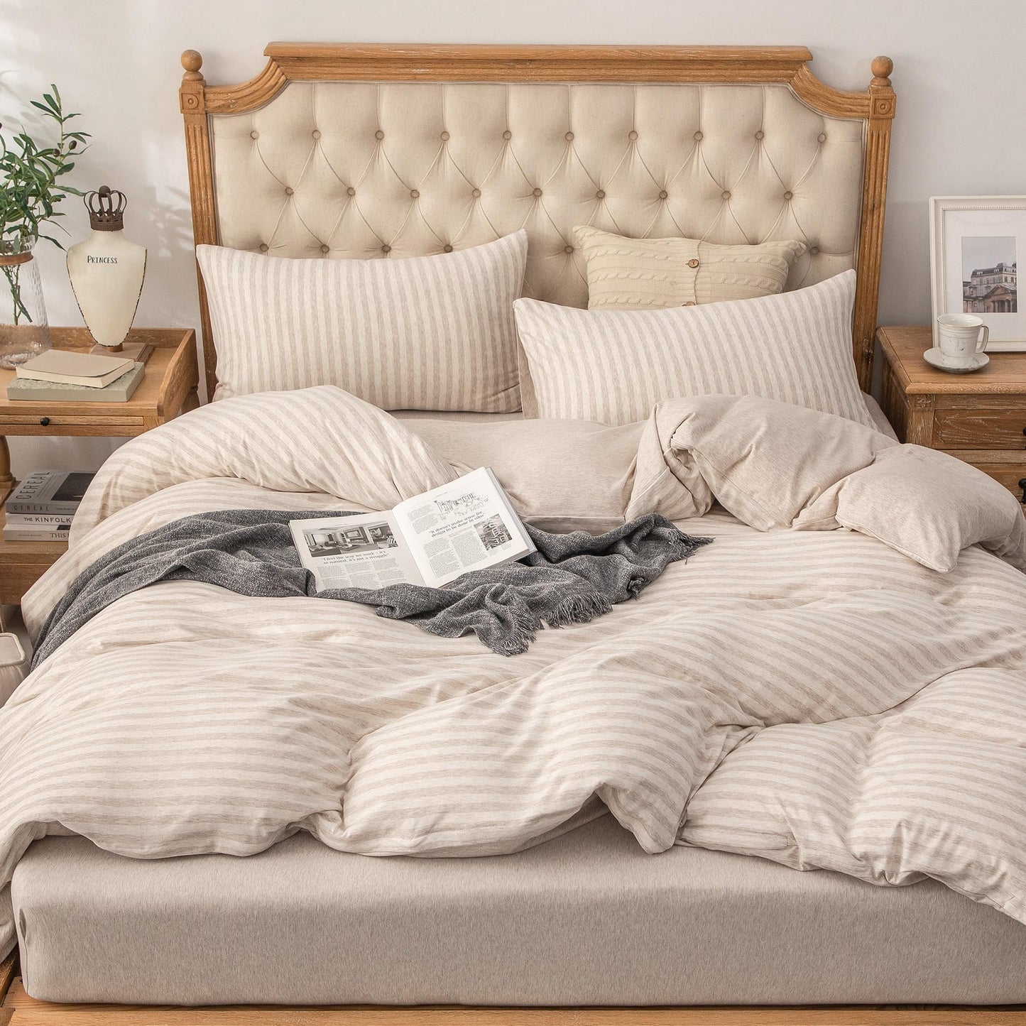 PURE ERA Jersey Knit Duvet Cover Set 100% T-Shirt Heather Cotton Super Soft Comfy Classic Striped Design, with Zipper Closure, Heather Beige Stripe, King
