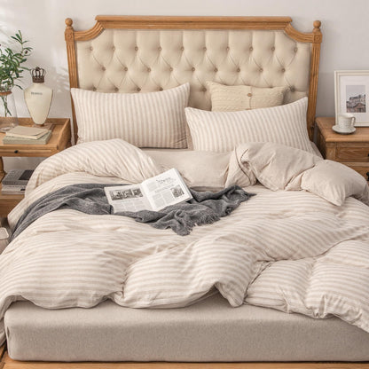 PURE ERA Jersey Knit Duvet Cover Set 100% T-Shirt Heather Cotton Super Soft Comfy Classic Striped Design, with Zipper Closure, Heather Beige Stripe, King