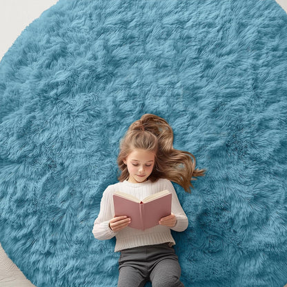 OLANLY Round Slate Blue Area Rug - Soft, Machine Washable 7 ft Circle Carpet for Bedroom & Living Room