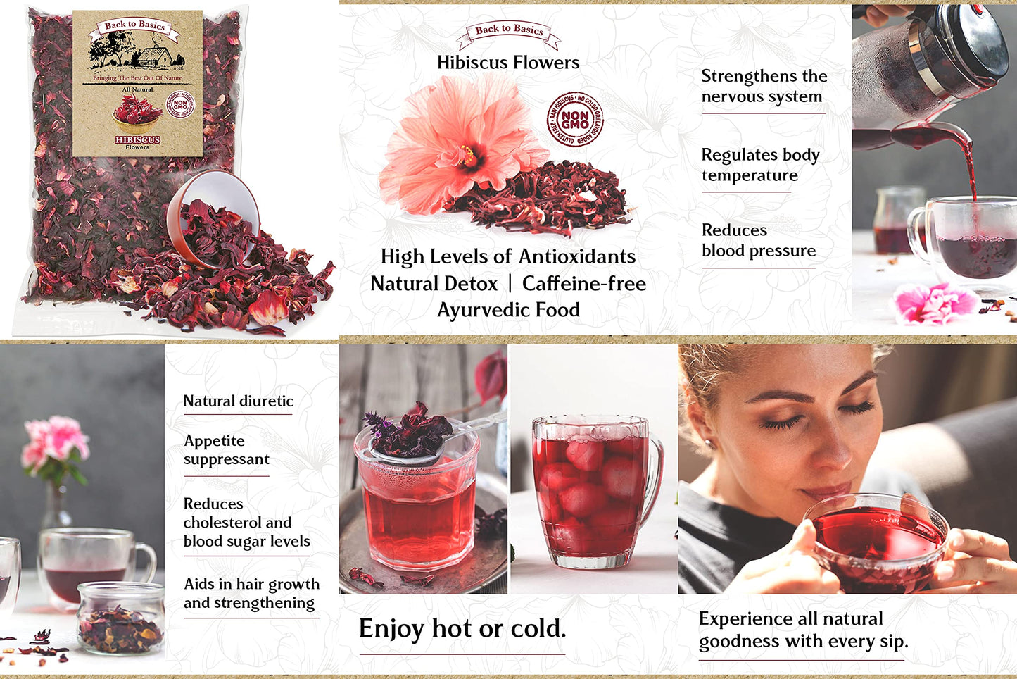 Hibiscus Tea Flowers - 1 Pound Resealable Bag - All Natural, Agua De Jamaica Leaves- Sun Dried Hibiscus- For Hot Or Cold Brew Tea