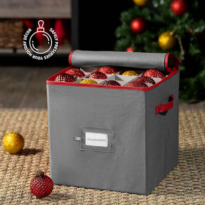 ZOBER Christmas Ornament Storage Box - Durable Organizer for 64 3" Ornaments - Gray with Dividers