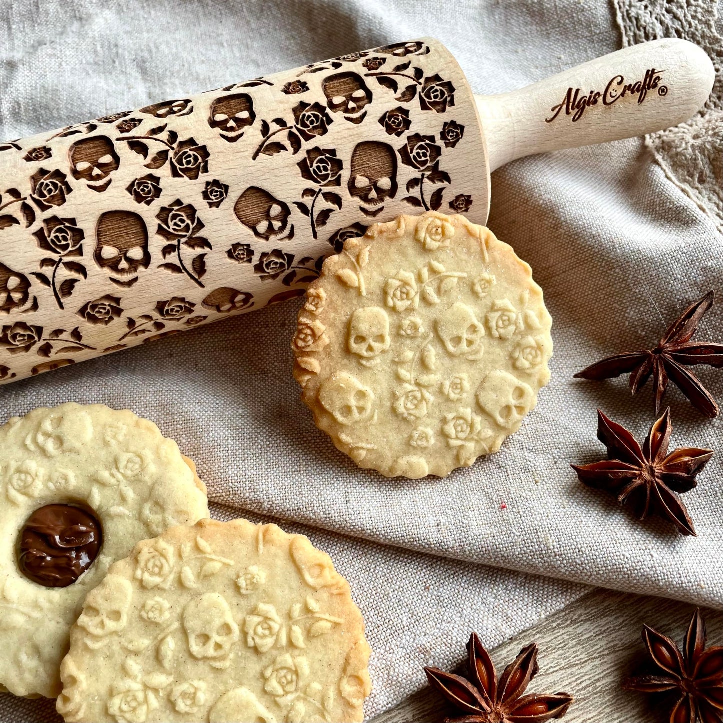 SUGAR SKULL and ROSES Embossed Rolling Pin for Halloween cookies. Laser Engraved Dough Roller for Embossing Homemade Cookies by Algis Crafts