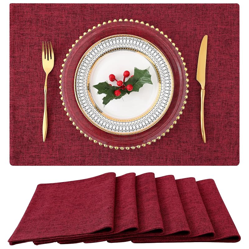 Red 6-Piece Faux Linen Placemats Set 13x19 inches – Heatproof, Easy Care