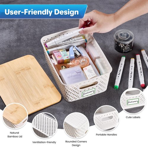 Anysig Plastic Storage Bins - 8 Pack Stackable Baskets with Bamboo Lids for Organizing | Cream White