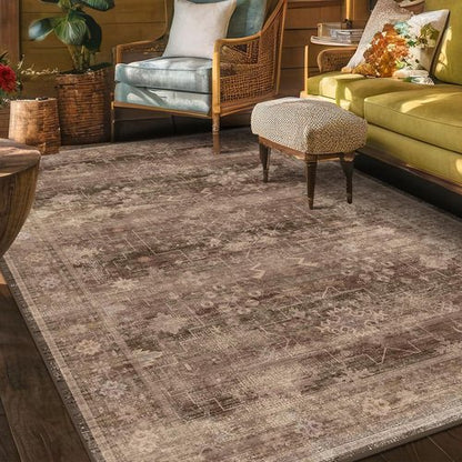 Hazo Haus Boho Taupe Brown 5x7 Area Rug - Modern Vintage Non-Slip Washable Design for Living Room & Nursery