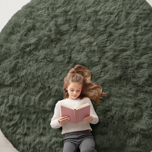 OLANLY Olive Green Round Rugs for Bedroom - Machine Washable, 8 ft Circle Area Rugs for Living Room, Soft and Fluffy Shaggy Carpet for Teen Girl and Boys, Nursery Rooms, Dorms, Home Decor Aesthetic