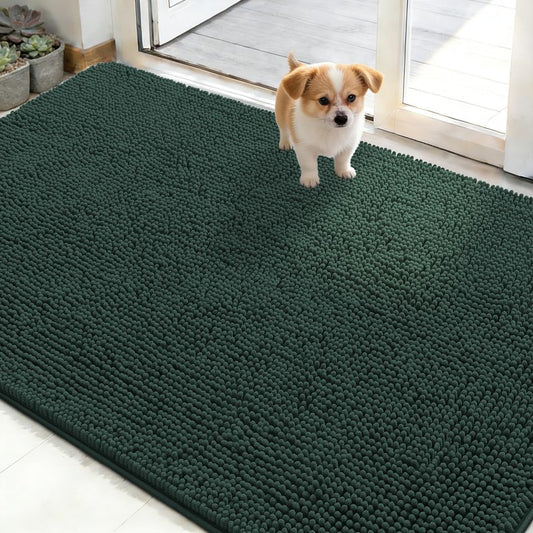 OLANLY Dog Door Mat for Muddy Paws 48x30, Absorbs Moisture and Dirt, Absorbent Non-Slip Washable Doormat, Quick Dry Chenille Mud Mat, Entry Indoor Entryway Carpet for Inside Floor, Blackish Green