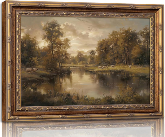 Vintage Gold Framed Landscape Wall Art - Countryside River Painting Canvas Print for Home Decor