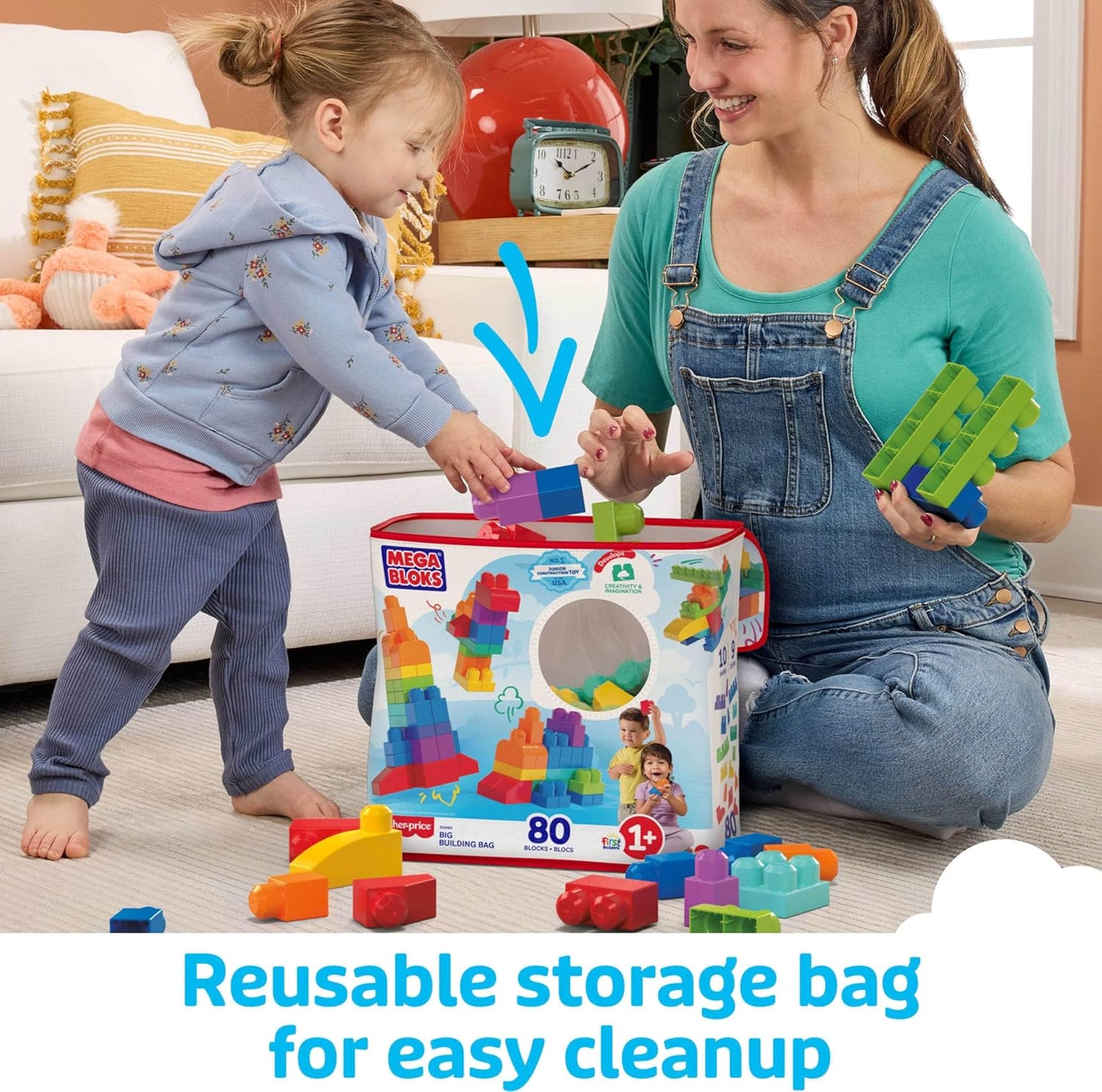 MEGA BLOKS First Builders Toddler Blocks Set - 80-Piece Big Building Bag with Storage, Blue | Ages 1+