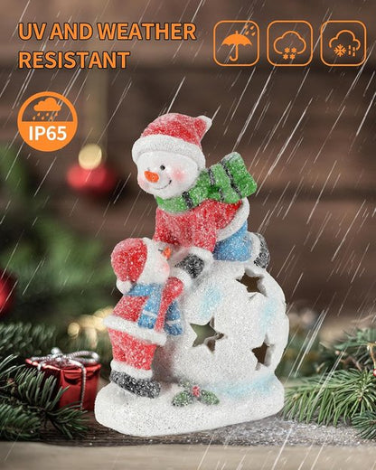 iStatue Snowman and Child Christmas Ornament - LED Light Resin Figurine | Unique Holiday Home Decor