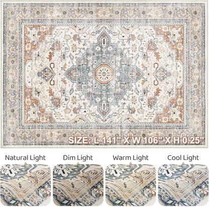 Skiennix 9x12 Area Rug - Washable Boho Vintage Design | Soft, Stain-Resistant Indoor Carpet in Beige & Blue