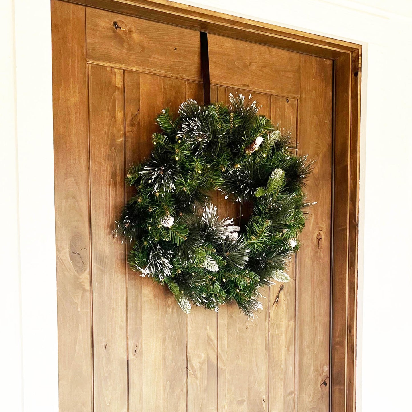 Papyrus 24" Pre-Lit Frosted Carolina Pine Artificial Wreath, Pine Cones, Warm White Light, Battery Powered, Indoor/Outdoor