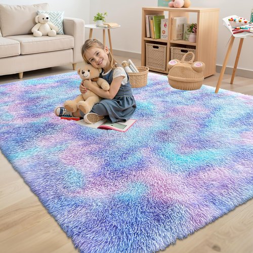 OLANLY Area Rugs for Living Room Bedroom, Machine Washable 4x5.9 Feet Soft Fluffy Shaggy Bedside Rug, Indoor Floor Carpet for Kids Girls and Boys, Nursery Room, Home Decor Aesthetic, Purple Rainbow