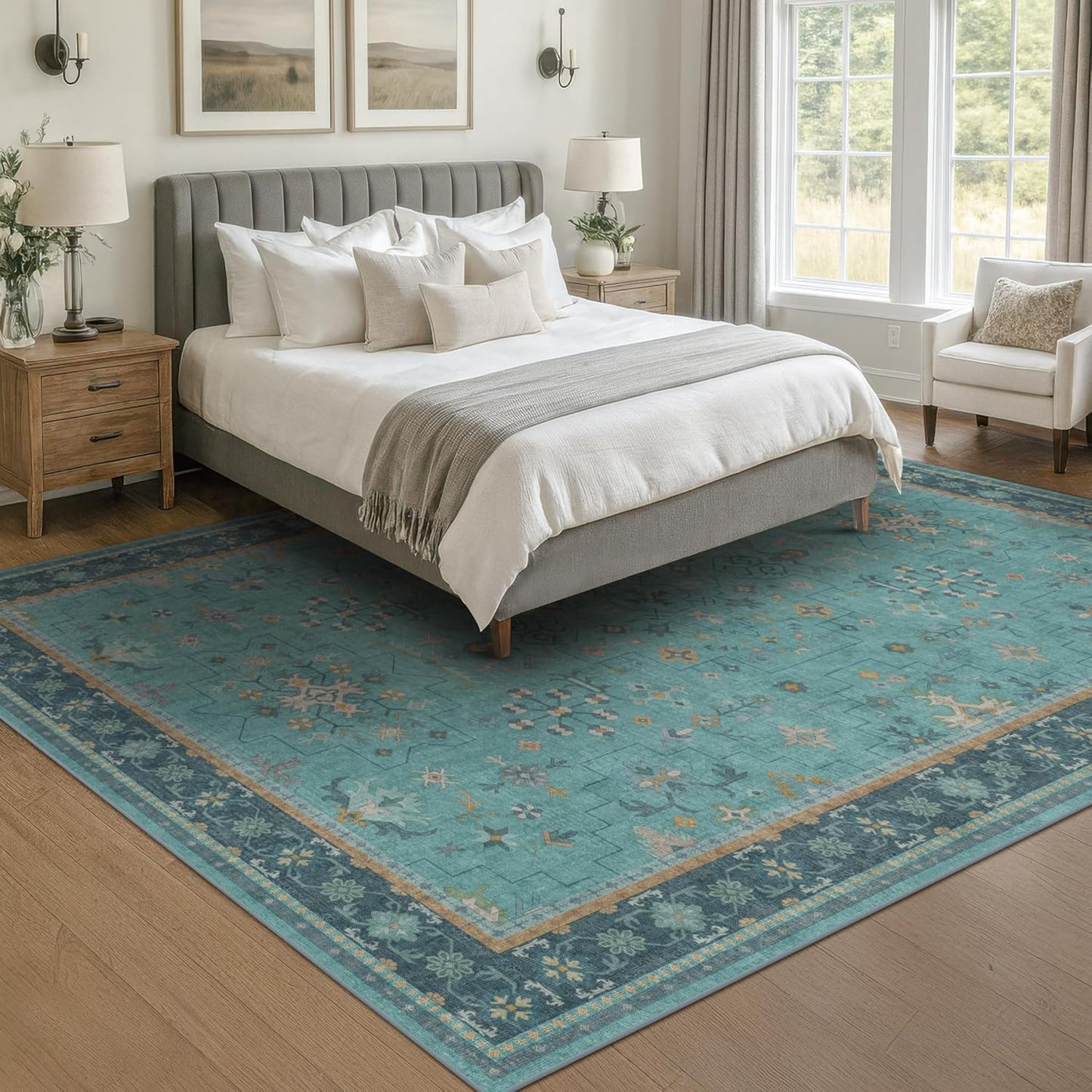 Regine Switzerland Washable 5x8 Teal Rug - Modern Floral Low-Pile, Non-Skid, Stain Resistant for Living Room & Bedroom