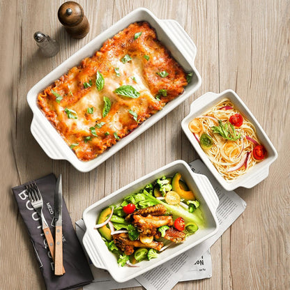 Regine Switzerland Ceramic Baking Dish - Extra Deep Casserole Set of 3 | Easy to Clean, 14.7 x 8.7 x 3 Inches, White