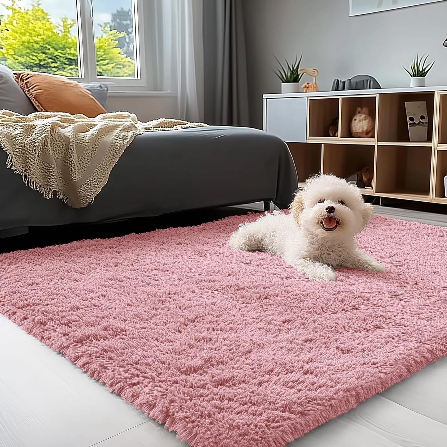 OLANLY Soft Fluffy Shaggy 3x5 Bedside Rug - Machine Washable Indoor Carpet for Kids & Nursery | Pale Pink