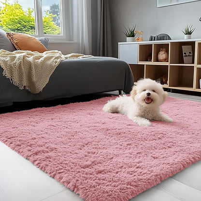 OLANLY Soft Fluffy Shaggy 3x5 Bedside Rug - Machine Washable Indoor Carpet for Kids & Nursery | Pale Pink