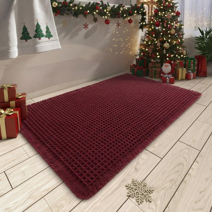 AMOAMI Upgraded Waffle Bath Mat, Super Absorbent Non Slip Bath Mats for Bathroom Floor, Washable Bathroom Rugs with Tassels, Rubber Backed Bathroom Mats, Ultra Soft, 18" x 30", Burgundy