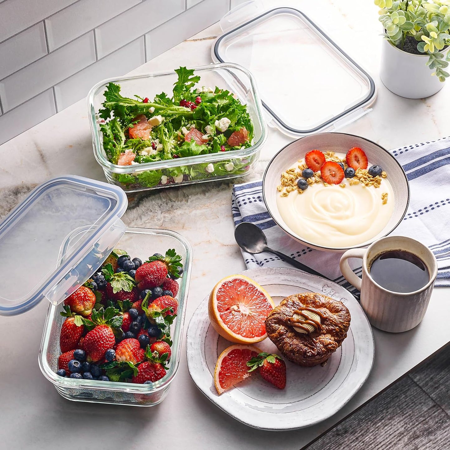 Skiennix 8-Cup Glass Food Storage Containers - Airtight Meal Prep Set with Lids | Freezer & Microwave Safe
