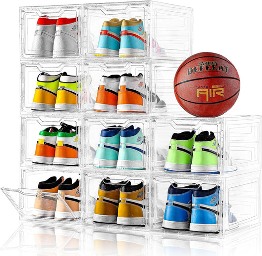 Skiennix Large Clear Shoe Boxes - Stackable Shoe Storage Organizer with Lids | Fits Up to US Size 13