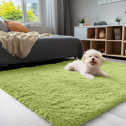 OLANLY 3x5 Machine Washable Small Bedside Rug, Soft Fluffy Shaggy Rugs for Living Room, Bedroom, Indoor Floor Carpet for Kids Girls and Boys, Preppy Dorms, Nursery, Home Decor Aesthetic, Grass Green