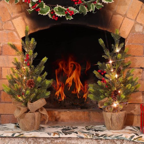 Juegoal 24-Inch Lighted Mini Christmas Trees - Battery Operated Pine Trees with Burlap Base for Holiday Decor