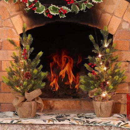 Juegoal 24-Inch Lighted Mini Christmas Trees - Battery Operated Pine Trees with Burlap Base for Holiday Decor
