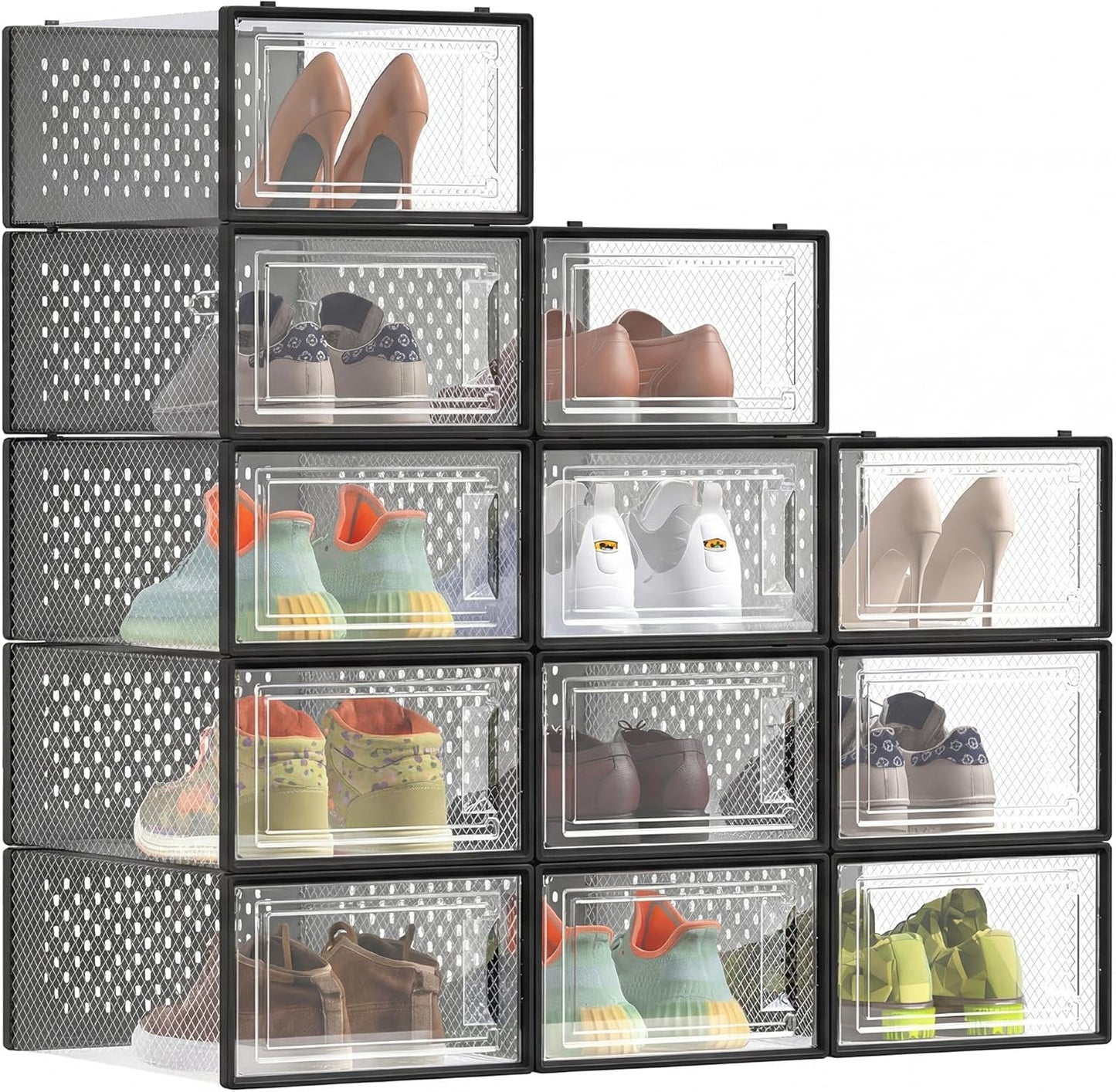 SONGMICS Shoe Boxes - Pack of 12 Stackable Clear Plastic Organizers for Sneakers | 13.1 x 9.1 x 5.6 Inches