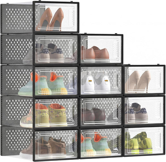 SONGMICS Shoe Boxes - Pack of 12 Stackable Clear Plastic Organizers for Sneakers | 13.1 x 9.1 x 5.6 Inches