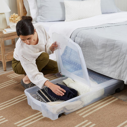 Rubbermaid 70 Quart Under Bed Storage Boxes - Dual Hinged Lids & Rolling Caster Wheels | Clear, 2 Pack