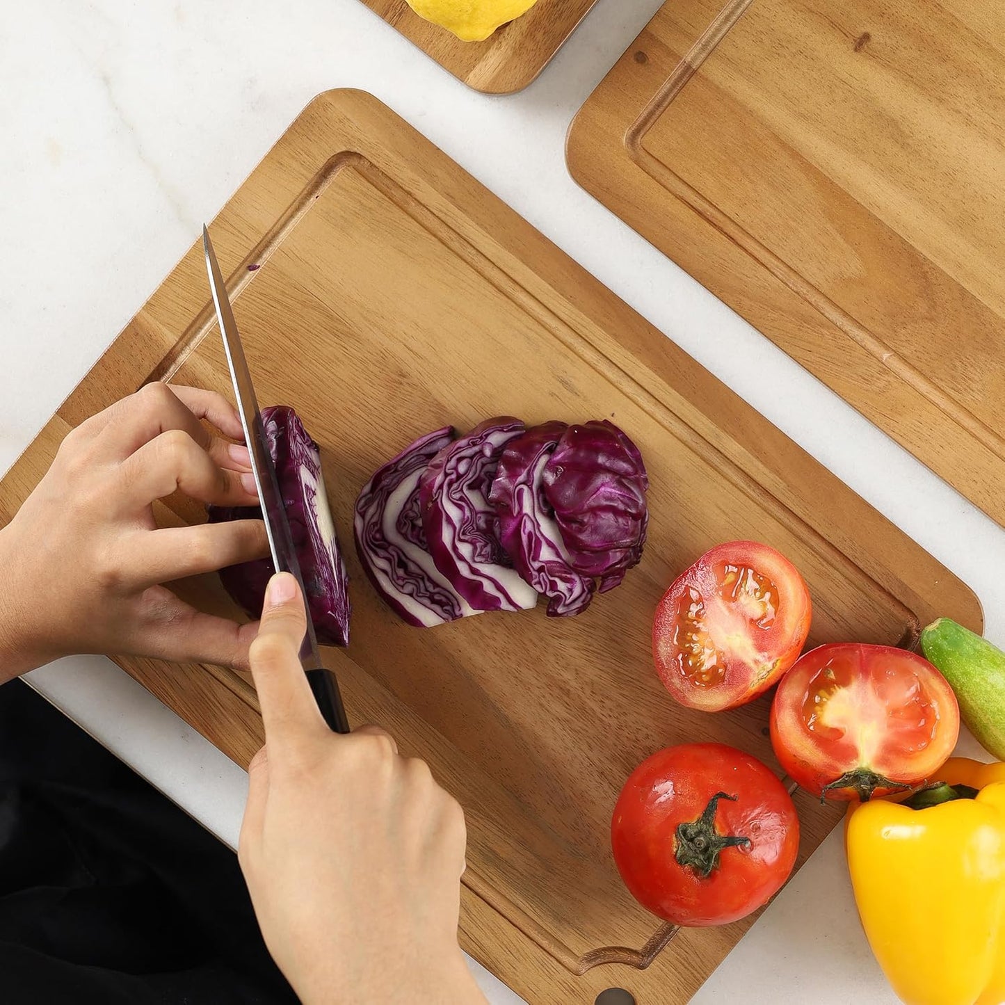 Sango Acacia Cutting Board Set - 3-Piece Wood Chopping Boards with Juice Grooves & Hanging Holes | Stackable, Reversible, Non-Toxic