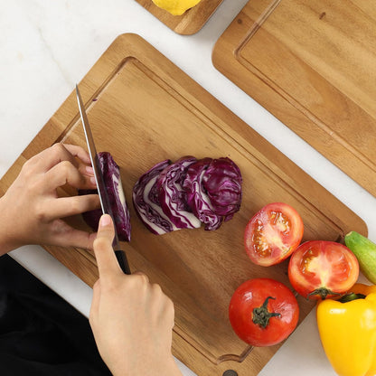 Sango Acacia Cutting Board Set - 3-Piece Wood Chopping Boards with Juice Grooves & Hanging Holes | Stackable, Reversible, Non-Toxic