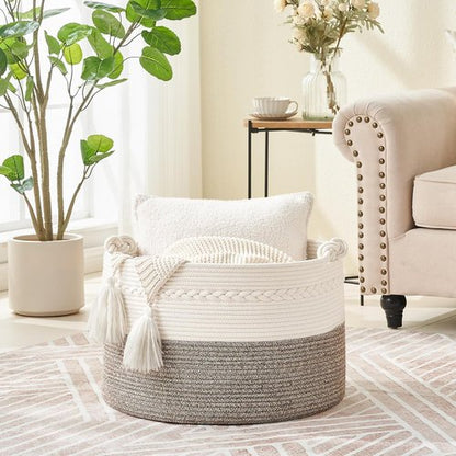 KAKAMAY Large Woven Blanket Basket - Cotton Rope Storage Hamper for Baby Laundry & Toys | White/Beige