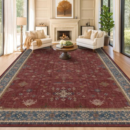 Hazo Haus Moroccan Area Rug - Dark Red 10x14 Washable Lightweight Low Pile for Living Room & Bedroom