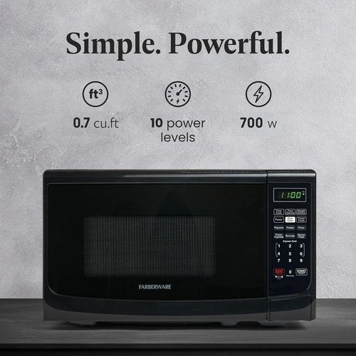 Farberware 0.7 Cu. Ft. Microwave Oven - 700 Watts, Auto Cook Settings & Child Safety Lock | Black
