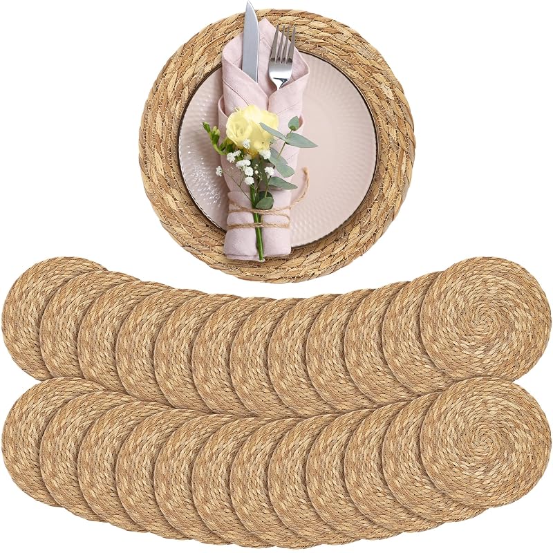 12-Inch Round Bulrush Placemats Set of 24 - Natural Hand-Woven Table Mats (Variation: 24+12 Inch)