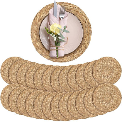 12-Inch Round Bulrush Placemats Set of 24 - Natural Hand-Woven Table Mats (Variation: 24+12 Inch)