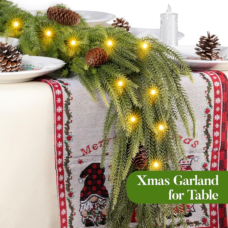 9ft Norfolk Pine Garland with Lights - 40-LED Battery Operated, 8 Modes, Pinecones, Timer - Prelit Christmas Decoration
