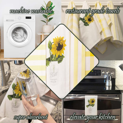 PERLLI Kitchen Dish Towels - Set of 4 Decorative 100% Cotton Towels | Yellow Lemon Print, 22.5 x 16 Inches